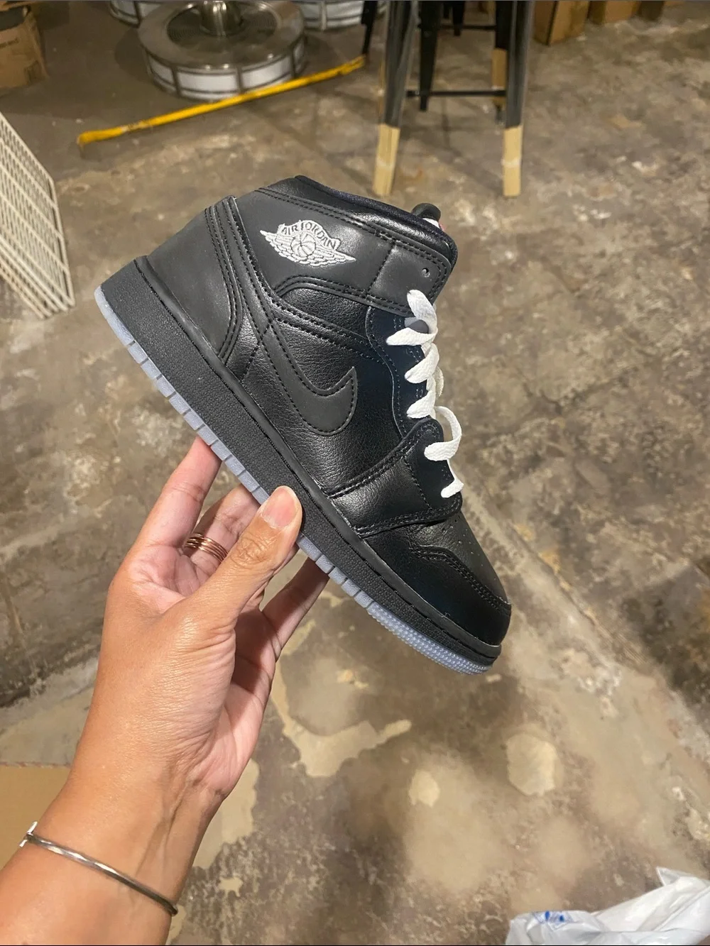 Nike Air Jordan 1 Mid - Black with White Laces and Red Tongue